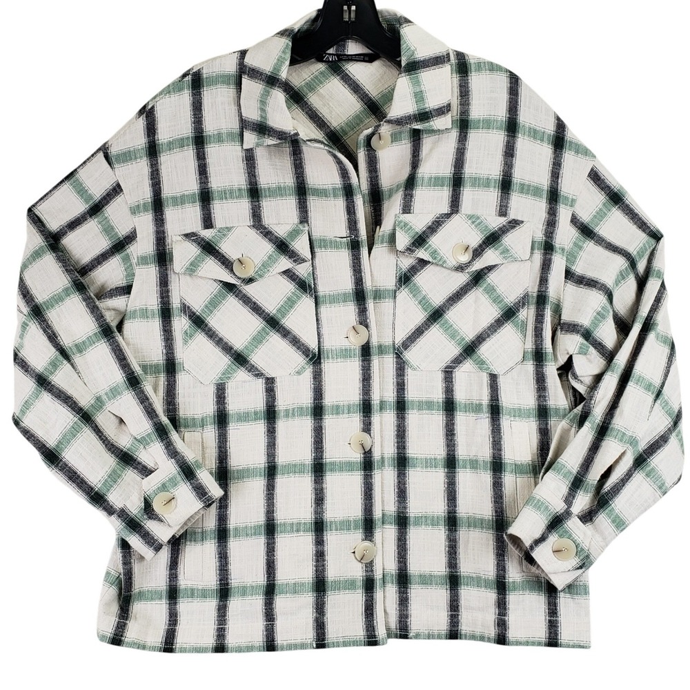 Zara Plaid Shirt Jacket Womens XS Green Cream Oversized Shacket Casual Pockets
